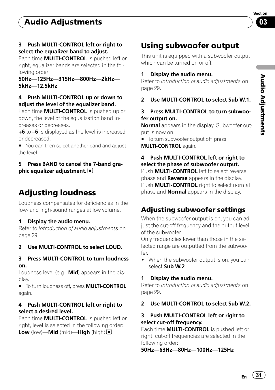 Adjusting loudness, Using subwoofer output, Adjusting subwoofer settings 31 | Audio adjustments, Adjusting subwoofer settings | Pioneer DEH-P7000UB User Manual | Page 31 / 70