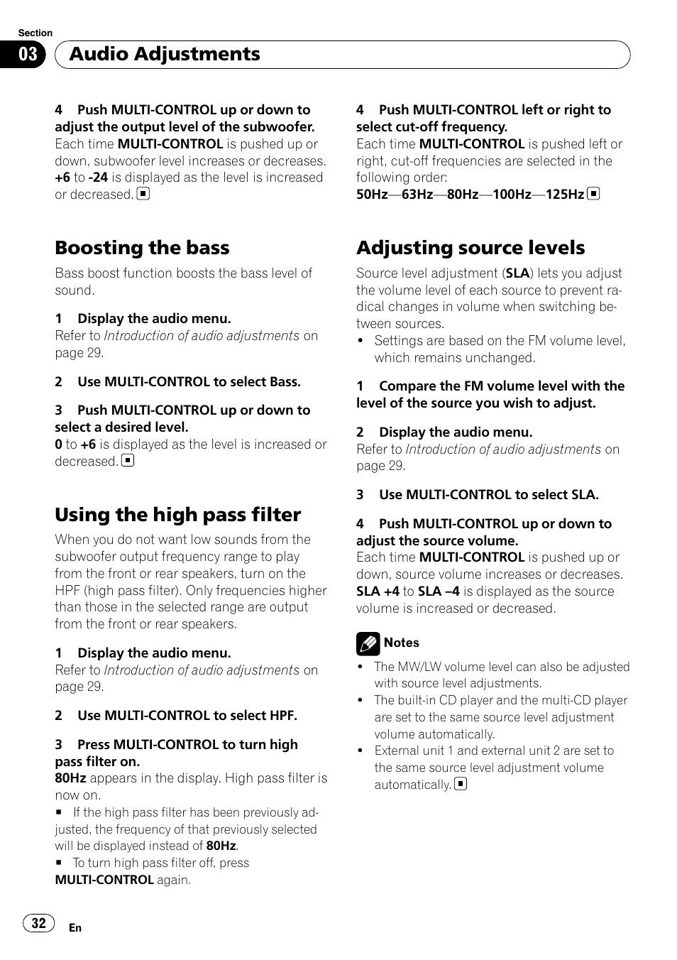 Boosting the bass, Using the high pass filter, Adjusting source levels | Audio adjustments | Pioneer DEH-P7000UB User Manual | Page 32 / 70
