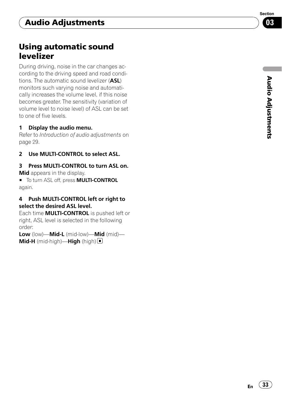 Using automatic sound levelizer, Audio adjustments | Pioneer DEH-P7000UB User Manual | Page 33 / 70