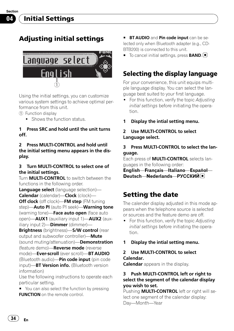 Initial settings adjusting initial settings, Selecting the display language, Setting the date | Adjusting initial settings, Initial settings | Pioneer DEH-P7000UB User Manual | Page 34 / 70