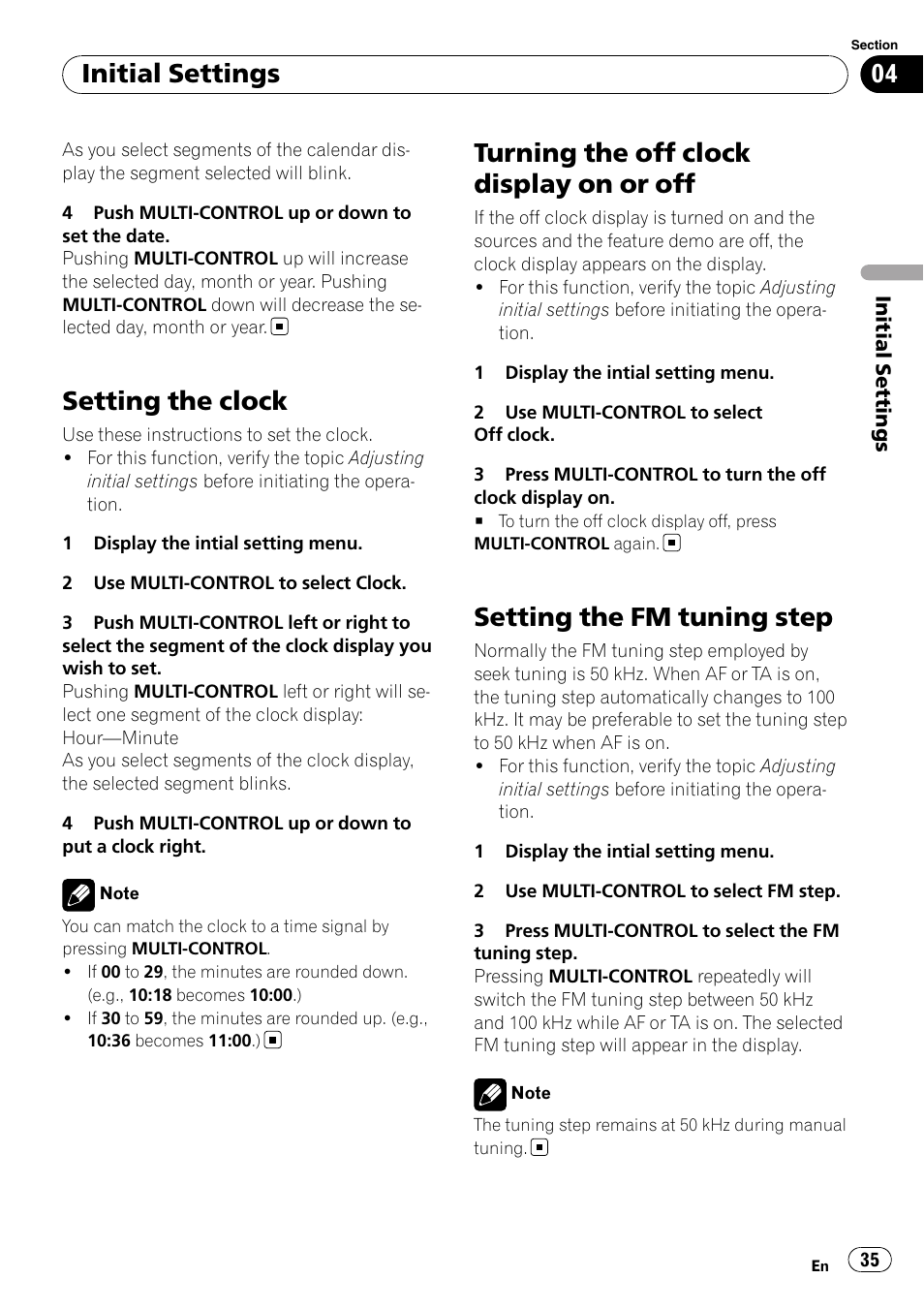 Setting the clock, Turning the off clock display on or off, Setting the fm tuning step | Initial settings | Pioneer DEH-P7000UB User Manual | Page 35 / 70