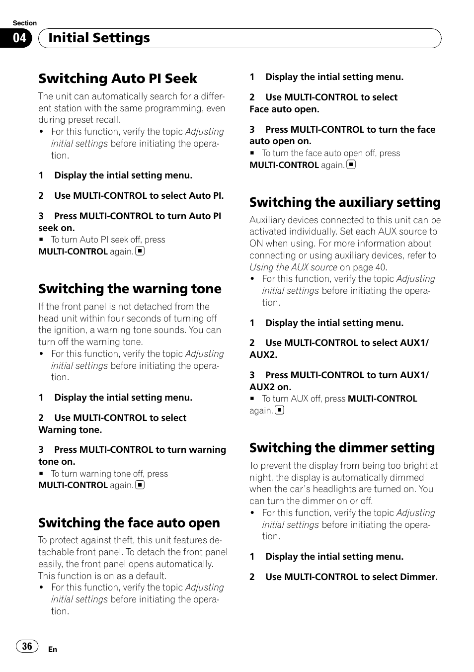 Switching auto pi seek, Switching the warning tone, Switching the face auto open | Switching the auxiliary setting, Switching the dimmer setting, Initial settings | Pioneer DEH-P7000UB User Manual | Page 36 / 70