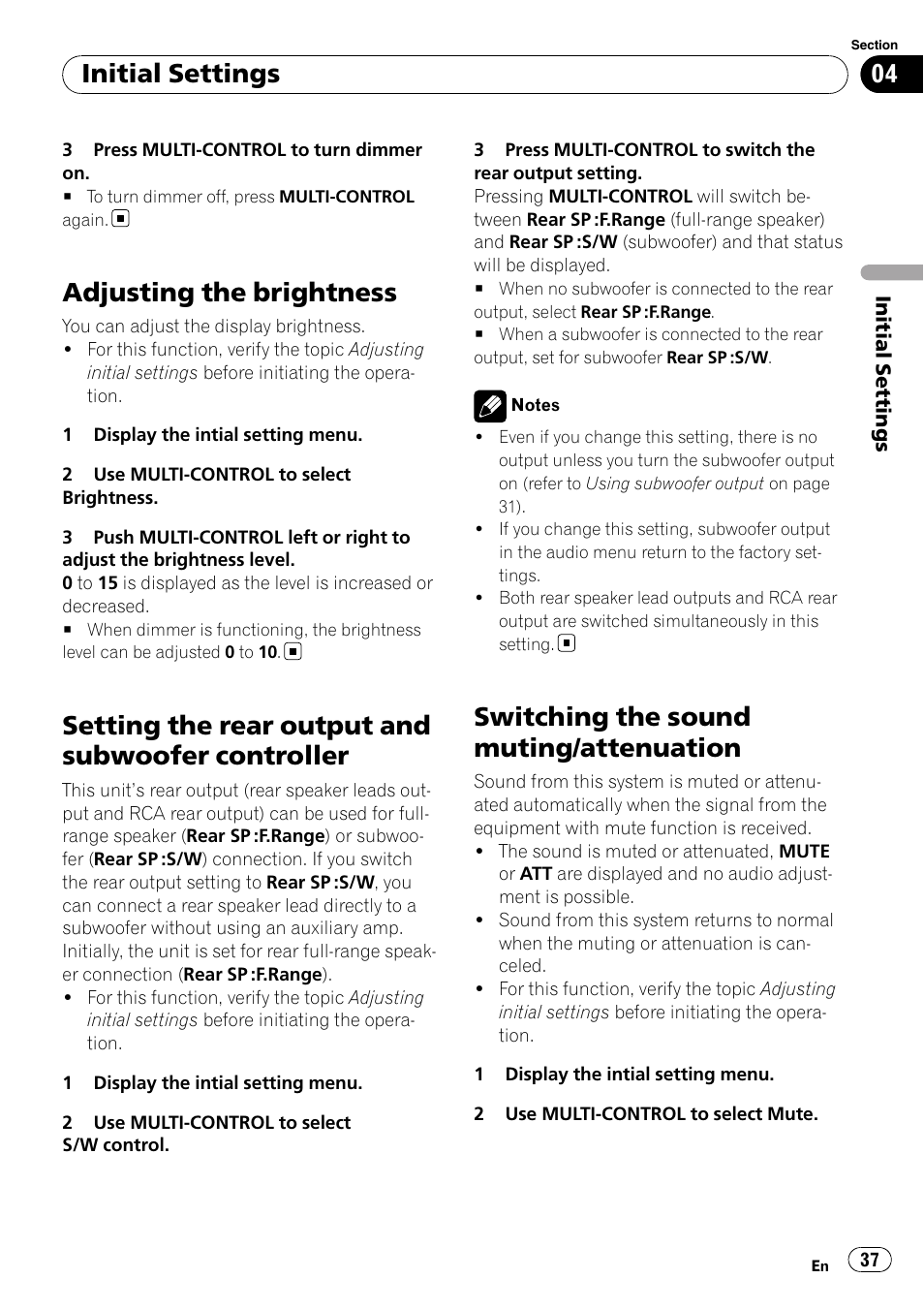Adjusting the brightness, Setting the rear output and subwoofer, Controller | Switching the sound muting/attenuation, Setting the rear output and subwoofer controller, Initial settings | Pioneer DEH-P7000UB User Manual | Page 37 / 70