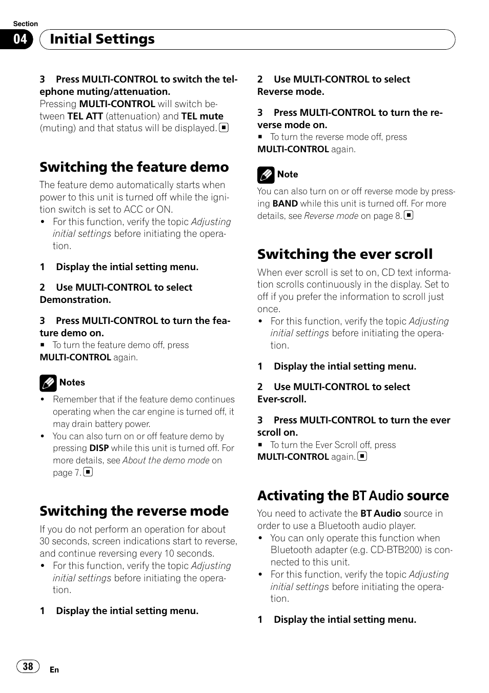 Switching the feature demo, Switching the reverse mode, Switching the ever scroll | Activating the bt audio source, Activating the, Bt audio source on, Initial settings | Pioneer DEH-P7000UB User Manual | Page 38 / 70