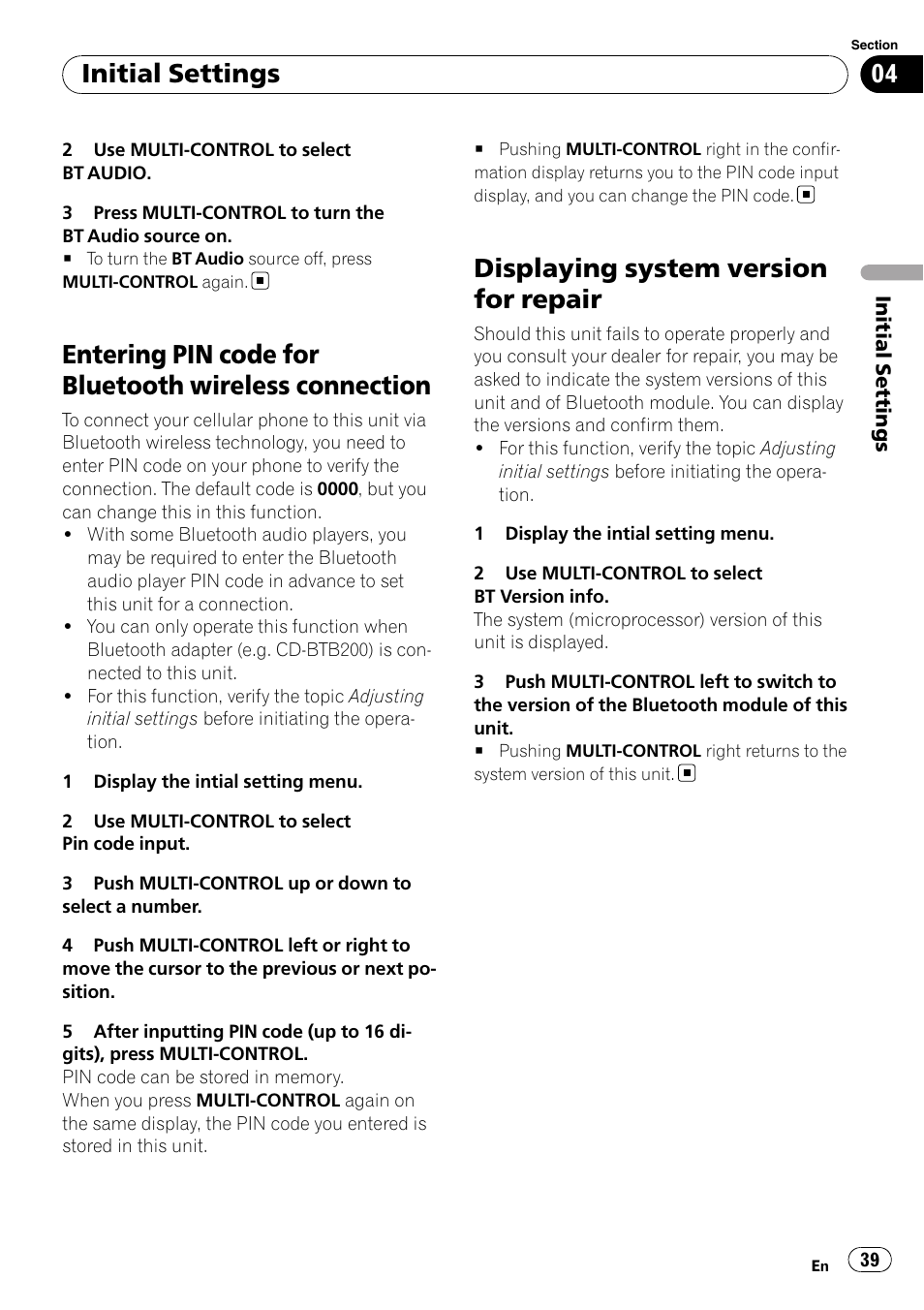 Entering pin code for bluetooth wireless, Connection, Displaying system version for repair | Initial settings | Pioneer DEH-P7000UB User Manual | Page 39 / 70