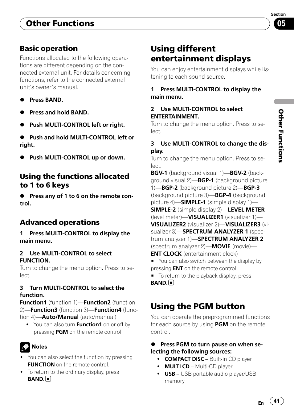 Basic operation 41, Using the functions allocated to 1 to 6, Keys | Advanced operations 41, Using different entertainment displays, Using the pgm button, Other functions, Basic operation, Using the functions allocated to 1 to 6 keys, Advanced operations | Pioneer DEH-P7000UB User Manual | Page 41 / 70