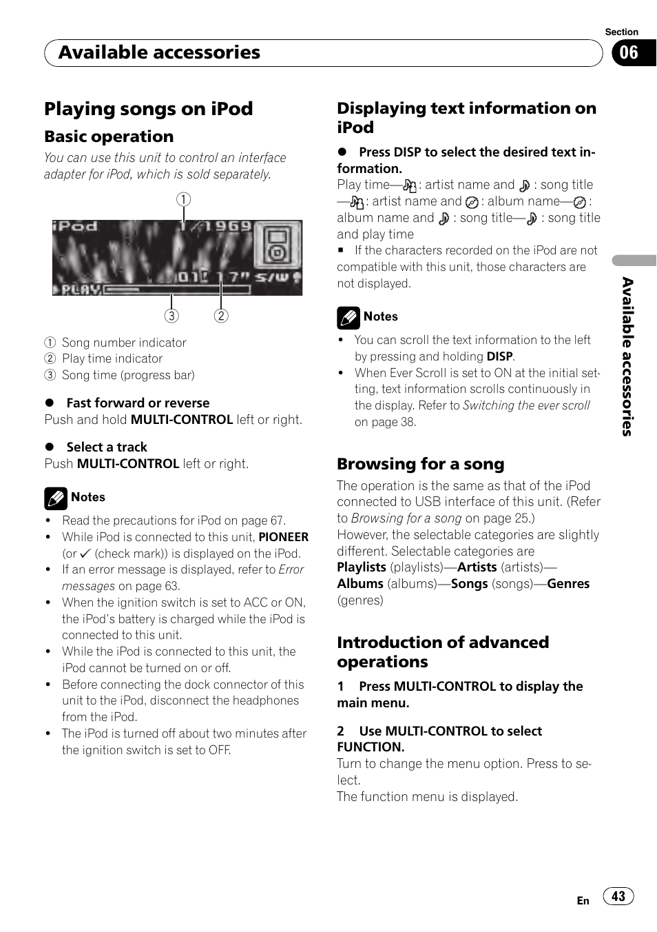 Available accessories playing songs on ipod, Basic operation 43, Displaying text information on | Ipod, Browsing for a song 43, Introduction of advanced, Operations, Playing songs on ipod, Available accessories, Basic operation | Pioneer DEH-P7000UB User Manual | Page 43 / 70