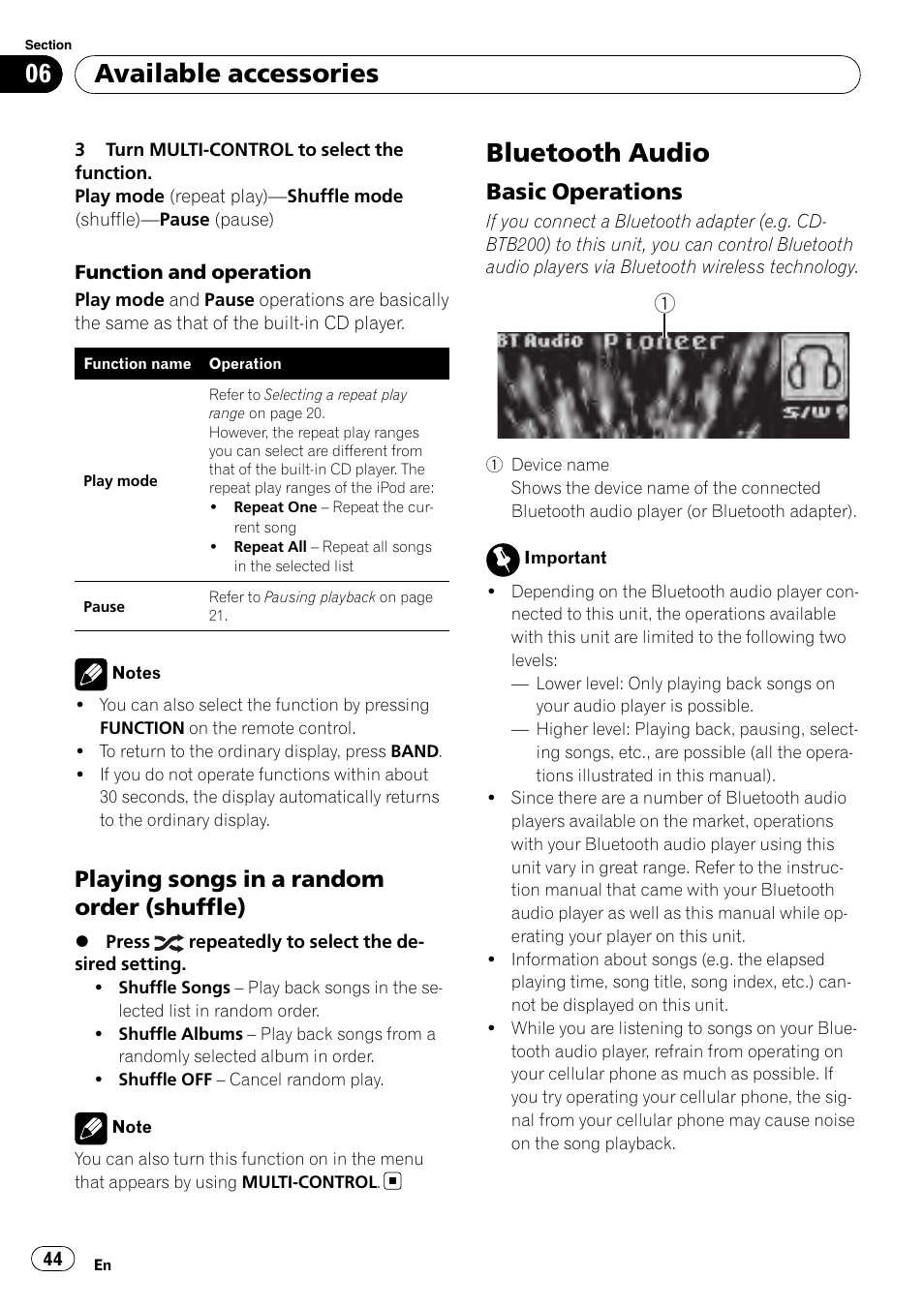 Playing songs in a random order, Shuffle), Bluetooth audio | Basic operations 44, Available accessories, Playing songs in a random order (shuffle), Basic operations | Pioneer DEH-P7000UB User Manual | Page 44 / 70