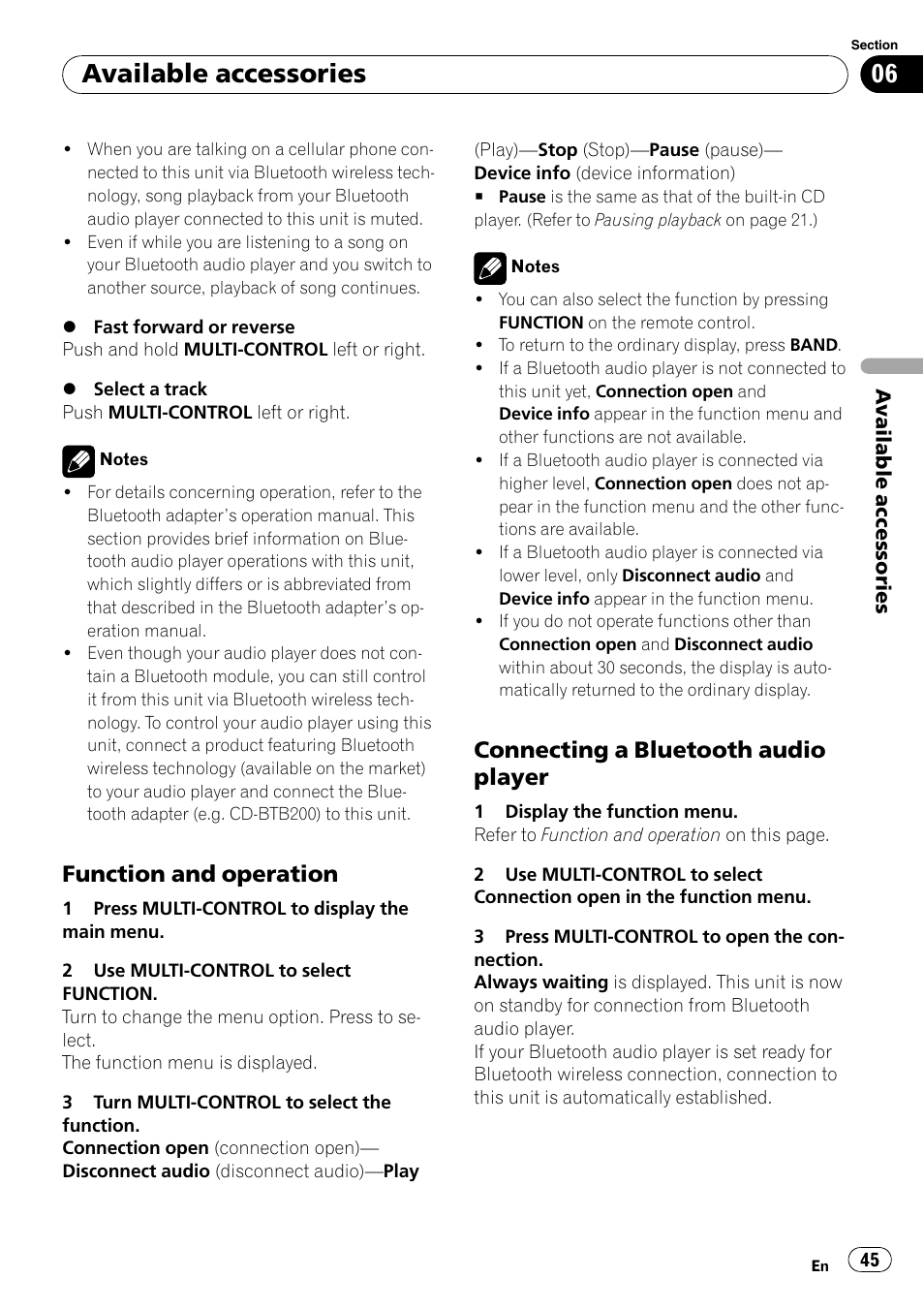 Function and operation 45, Connecting a bluetooth audio, Player | Available accessories, Function and operation, Connecting a bluetooth audio player | Pioneer DEH-P7000UB User Manual | Page 45 / 70
