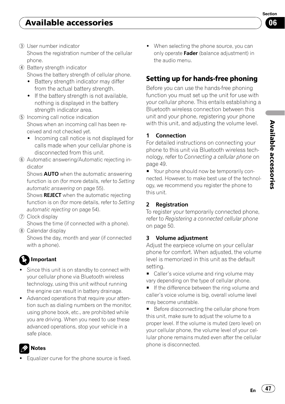 Setting up for hands-free phoning 47, Available accessories, Setting up for hands-free phoning | Pioneer DEH-P7000UB User Manual | Page 47 / 70