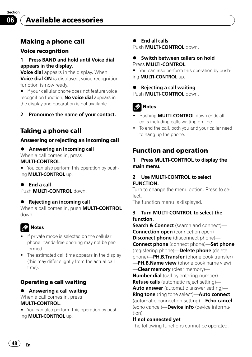 Making a phone call 48, Taking a phone call 48, Function and operation 48 | Available accessories, Making a phone call, Taking a phone call, Function and operation | Pioneer DEH-P7000UB User Manual | Page 48 / 70