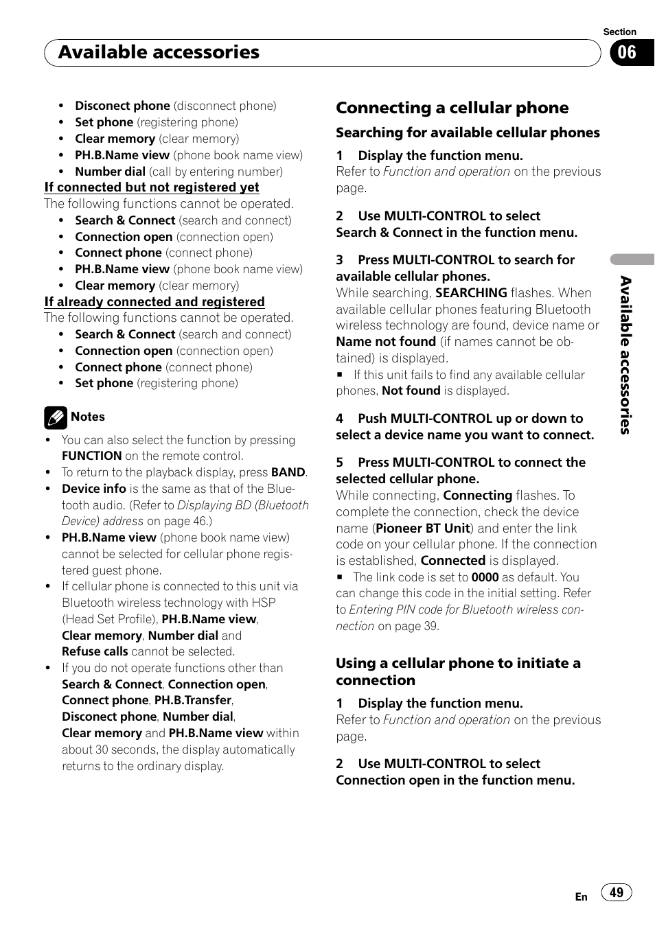Connecting a cellular phone 49, Available accessories, Connecting a cellular phone | Pioneer DEH-P7000UB User Manual | Page 49 / 70
