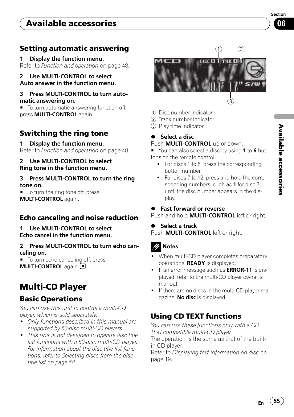 Setting automatic answering 55, Switching the ring tone 55, Echo canceling and noise | Reduction, Multi-cd player, Basic operations 55, Using cd text functions 55, Available accessories, Setting automatic answering, Switching the ring tone | Pioneer DEH-P7000UB User Manual | Page 55 / 70