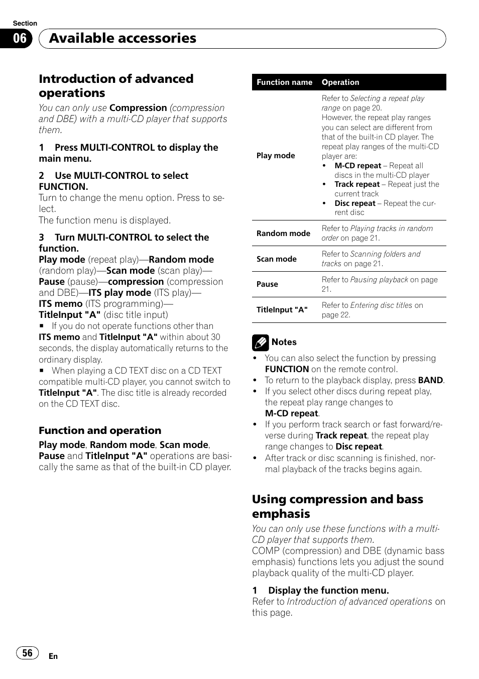 Introduction of advanced, Operations, Using compression and bass | Emphasis, Available accessories, Introduction of advanced operations, Using compression and bass emphasis | Pioneer DEH-P7000UB User Manual | Page 56 / 70