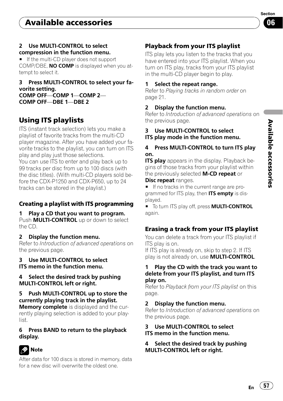 Using its playlists 57, Available accessories, Using its playlists | Pioneer DEH-P7000UB User Manual | Page 57 / 70
