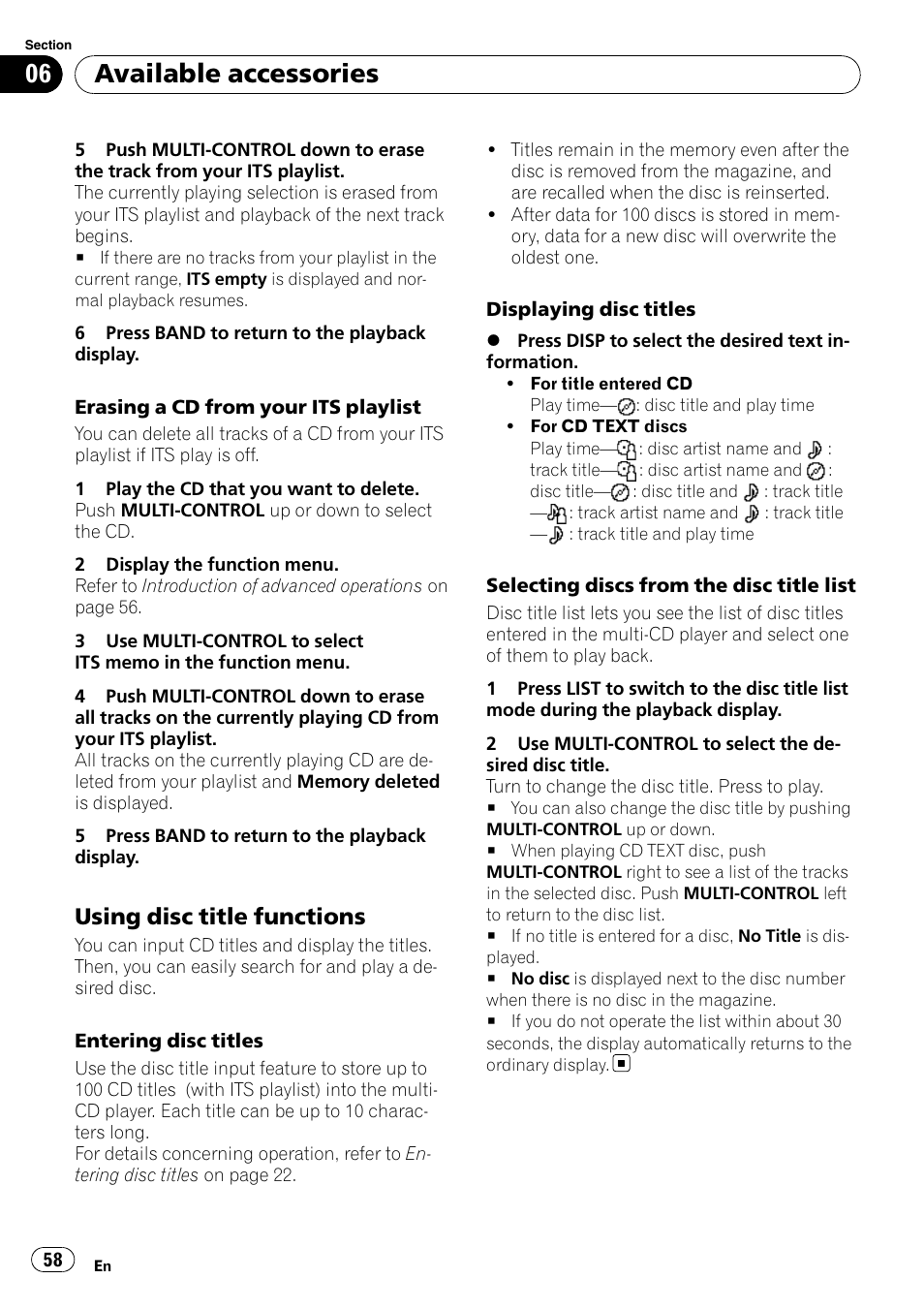 Using disc title functions 58, Available accessories, Using disc title functions | Pioneer DEH-P7000UB User Manual | Page 58 / 70