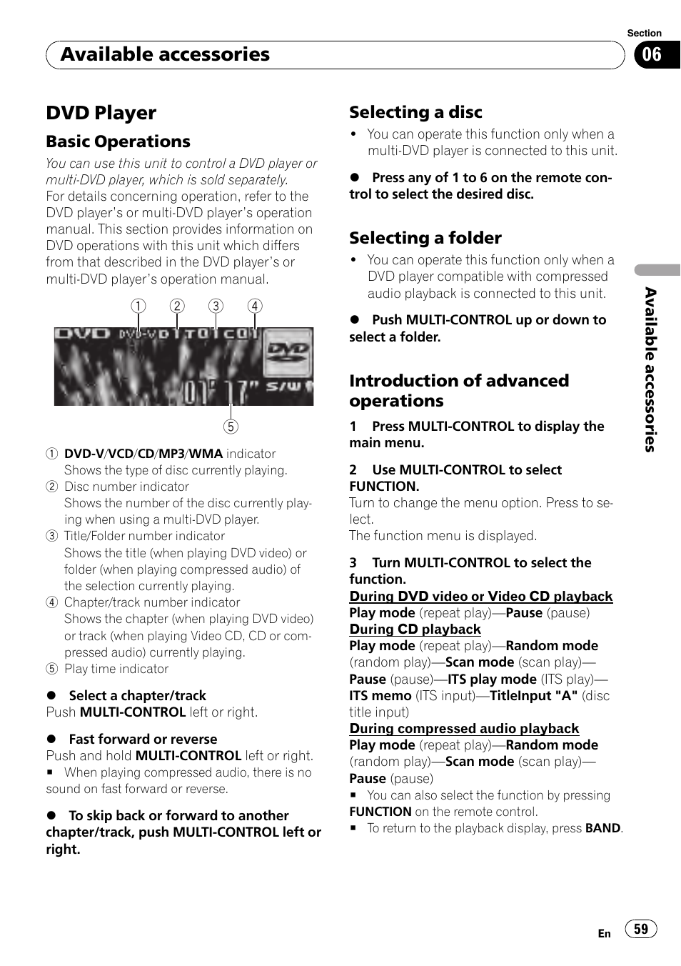 Dvd player, Basic operations 59, Selecting a disc 59 | Selecting a folder 59, Introduction of advanced, Operations, Available accessories | Pioneer DEH-P7000UB User Manual | Page 59 / 70
