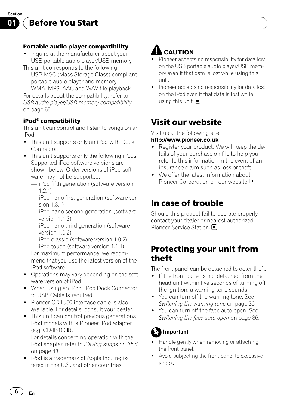 Visit our website, In case of trouble, Protecting your unit from theft | Before you start | Pioneer DEH-P7000UB User Manual | Page 6 / 70