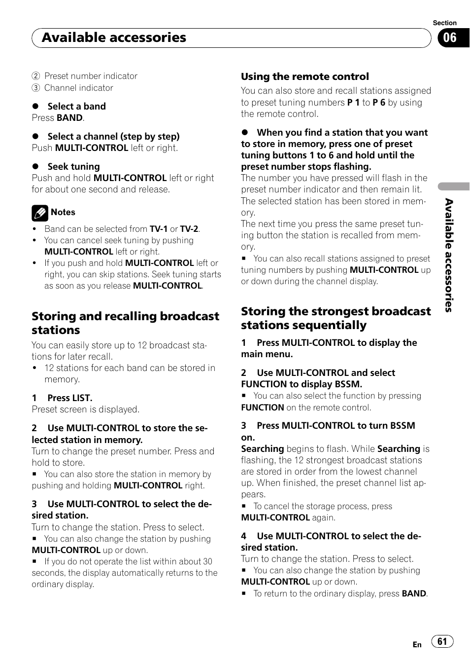 Storing and recalling broadcast, Stations, Storing the strongest broadcast | Stations sequentially, Available accessories, Storing and recalling broadcast stations | Pioneer DEH-P7000UB User Manual | Page 61 / 70