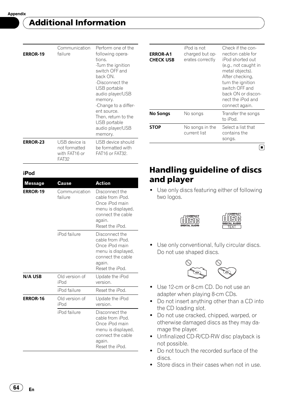 Handling guideline of discs and player, Additional information | Pioneer DEH-P7000UB User Manual | Page 64 / 70