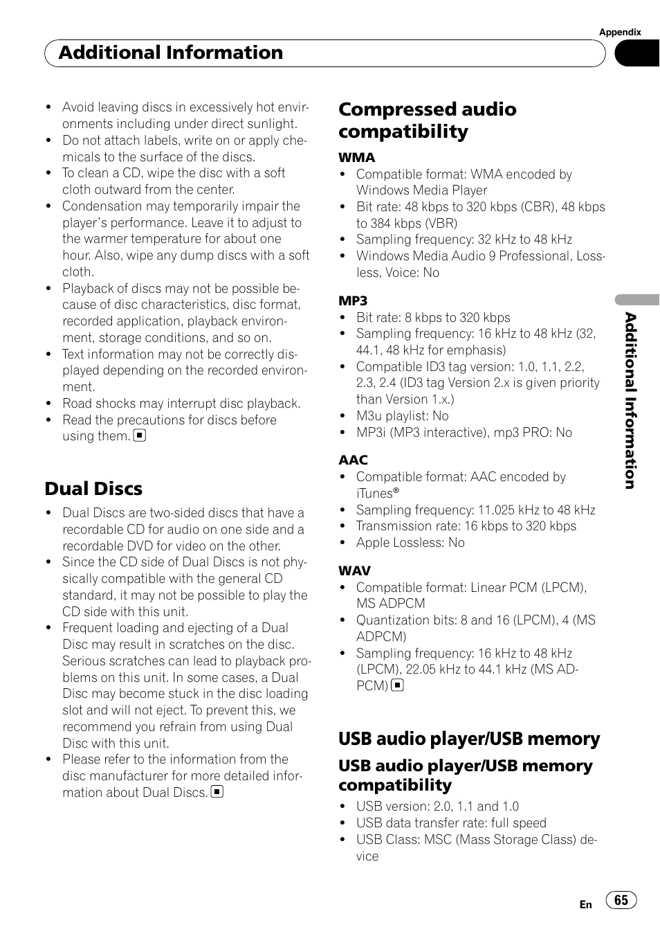 Dual discs, Compressed audio compatibility, Usb audio player/usb memory | Compatibility, Additional information | Pioneer DEH-P7000UB User Manual | Page 65 / 70