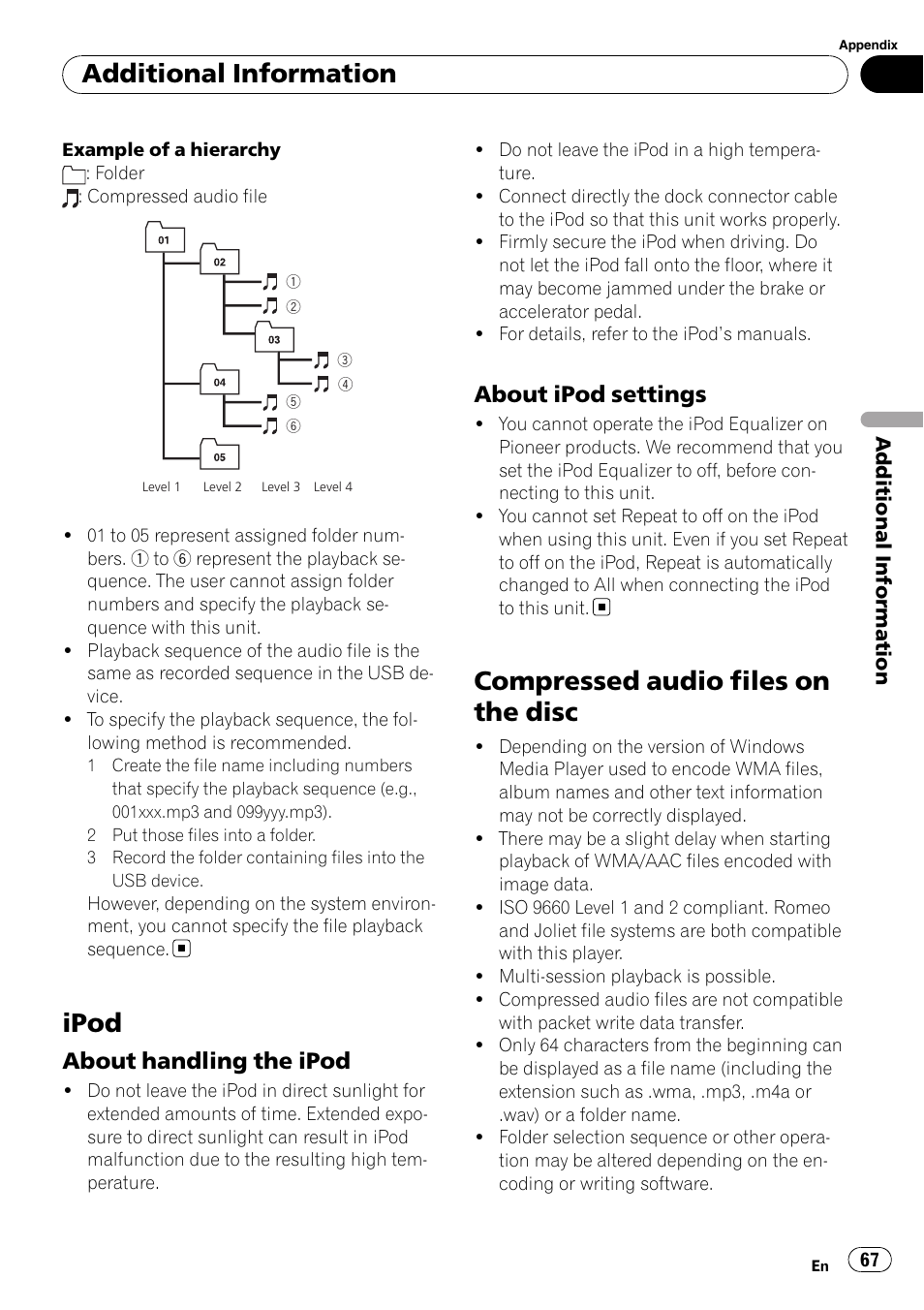 Ipod, About handling the ipod 67, About ipod settings 67 | Compressed audio files on the disc, Additional information, About handling the ipod, About ipod settings | Pioneer DEH-P7000UB User Manual | Page 67 / 70