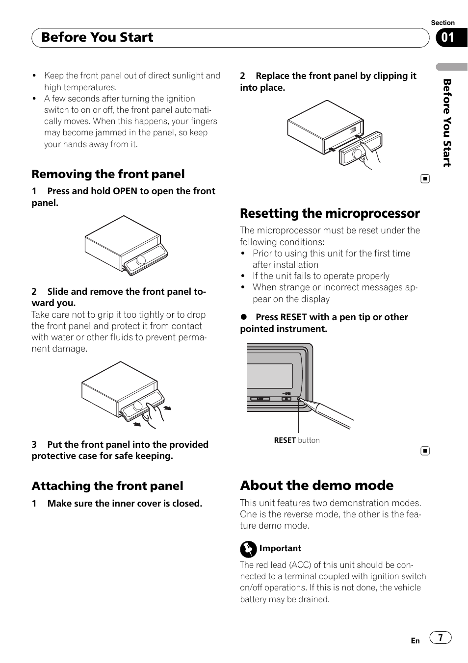 Removing the front panel 7, Attaching the front panel 7, Resetting the microprocessor | About the demo mode, Before you start | Pioneer DEH-P7000UB User Manual | Page 7 / 70