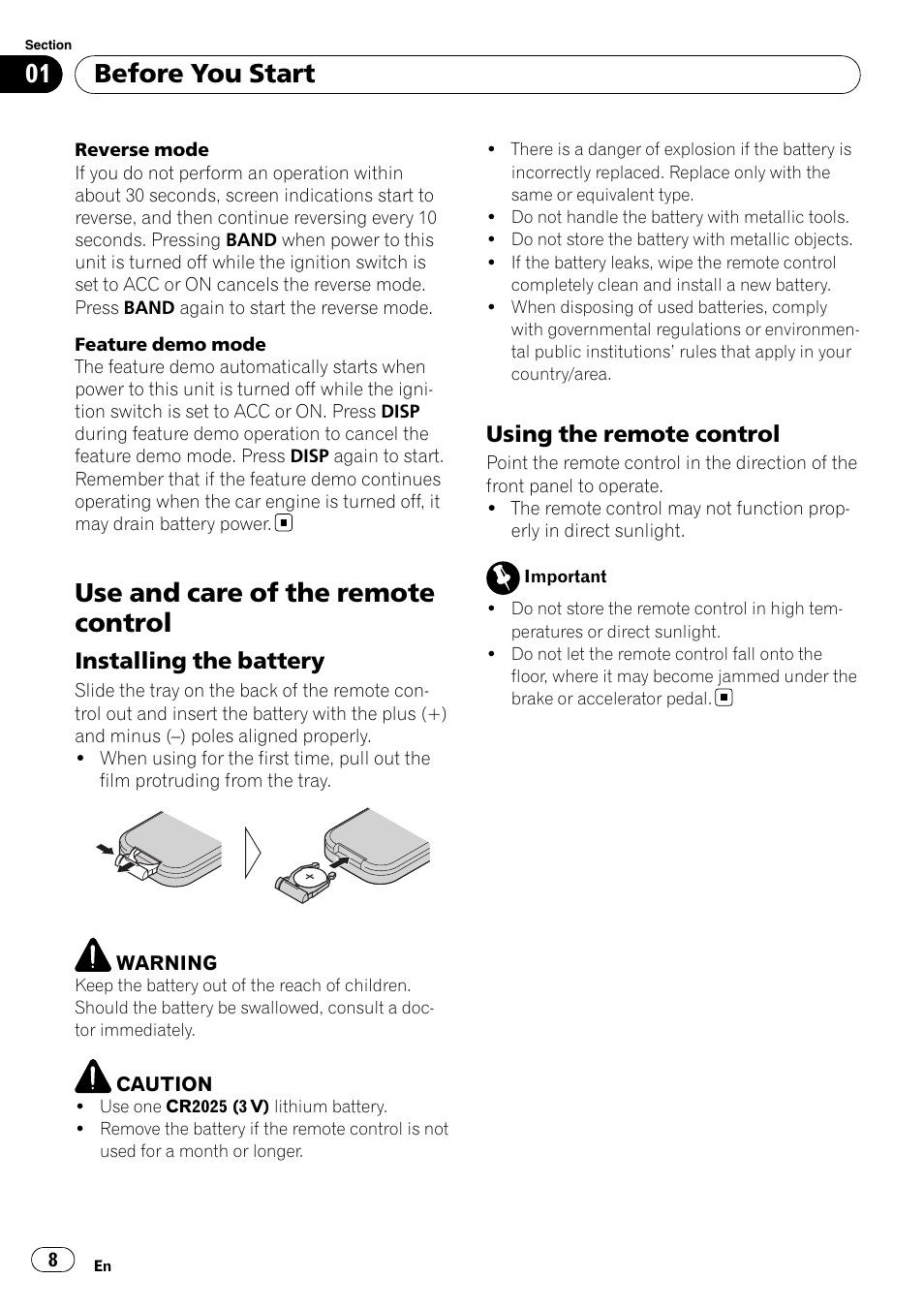 Use and care of the remote control, Installing the battery 8, Using the remote control 8 | Before you start, Installing the battery, Using the remote control | Pioneer DEH-P7000UB User Manual | Page 8 / 70