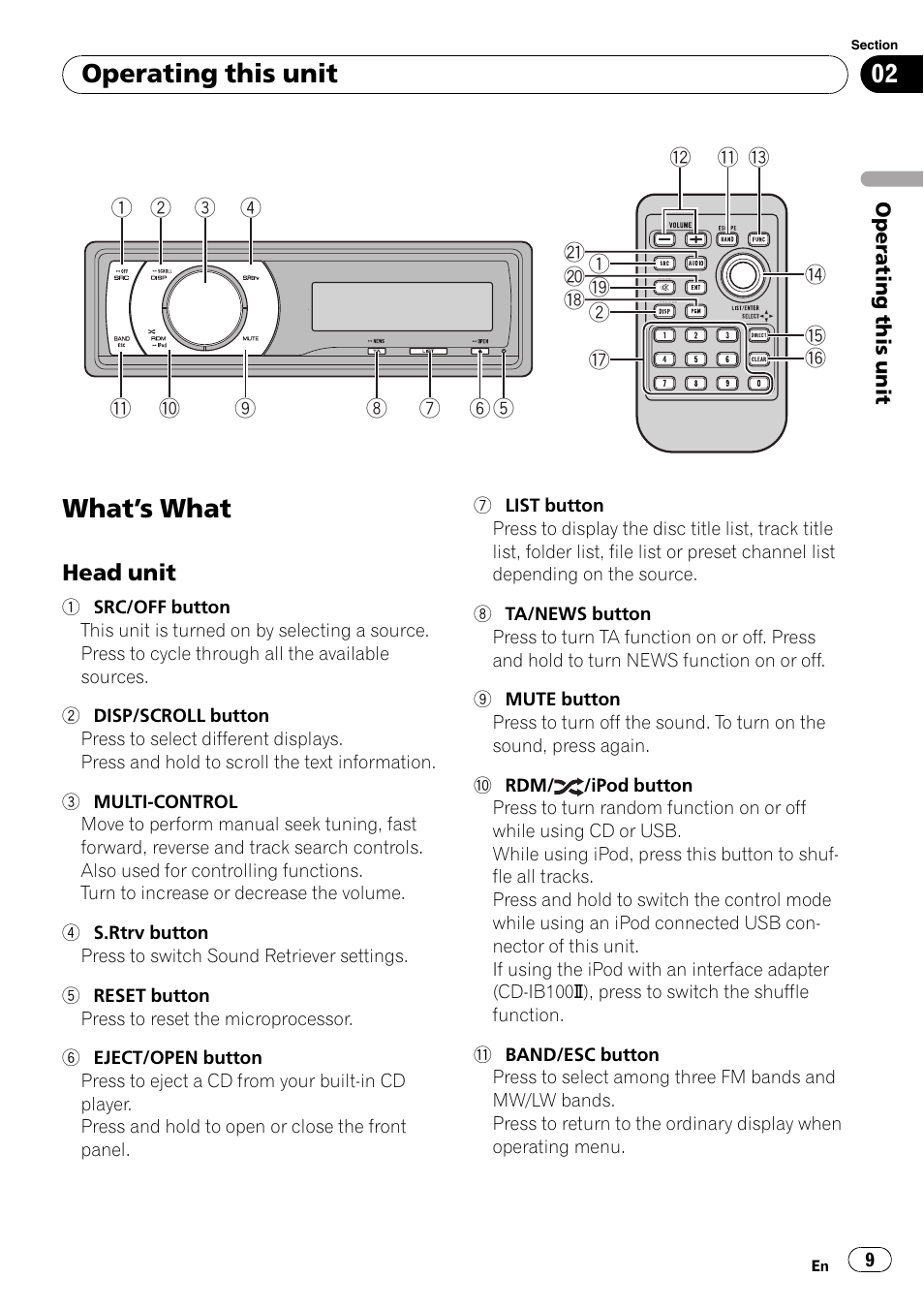 Operating this unit what, S what 9, Head unit 9 | What ’s what, Operating this unit | Pioneer DEH-P7000UB User Manual | Page 9 / 70