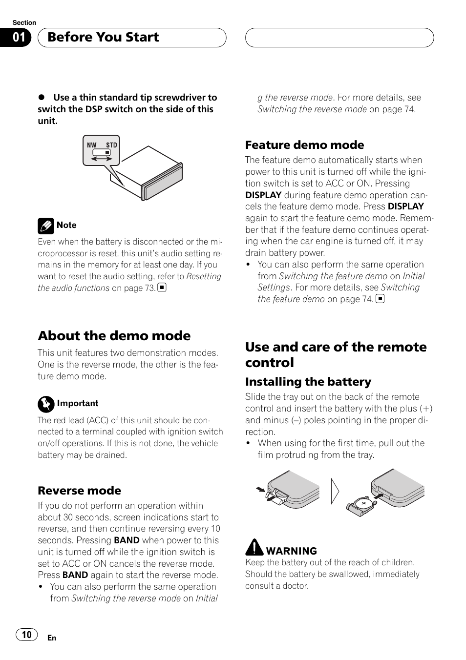 About the demo mode, Reverse mode 10, Feature demo mode 10 | Use and care of the remote control, Installing the battery 10, Before you start | Pioneer DEH-P88RS User Manual | Page 10 / 180
