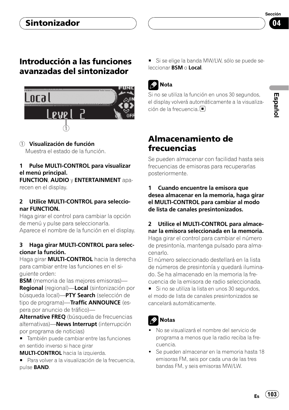 Introducción a las funciones avanzadas del, Sintonizador, Almacenamiento de frecuencias | Pioneer DEH-P88RS User Manual | Page 103 / 180