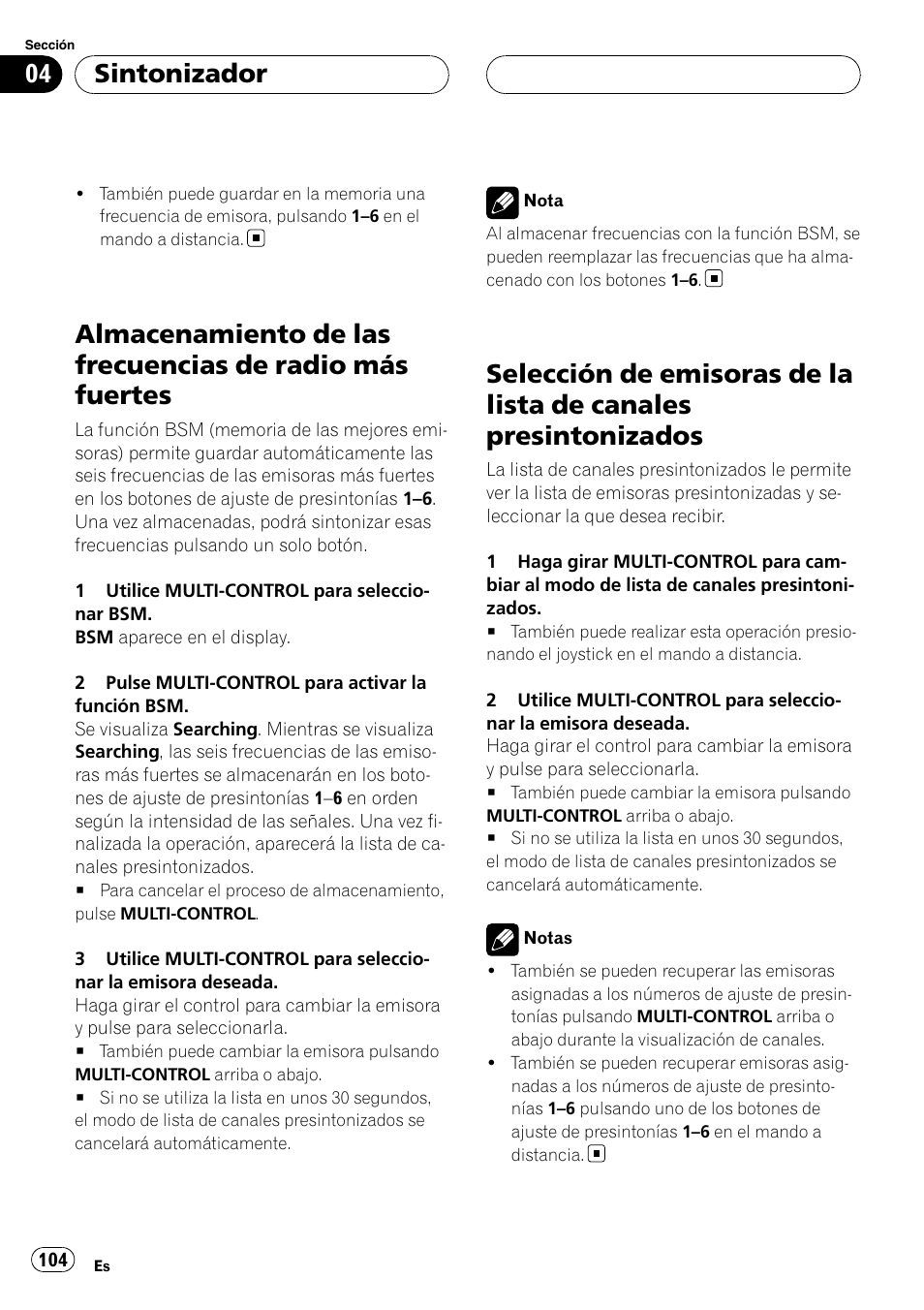 Almacenamiento de las frecuencias de radio, Más fuertes, Selección de emisoras de la lista de canales | Presintonizados, Sintonizador | Pioneer DEH-P88RS User Manual | Page 104 / 180