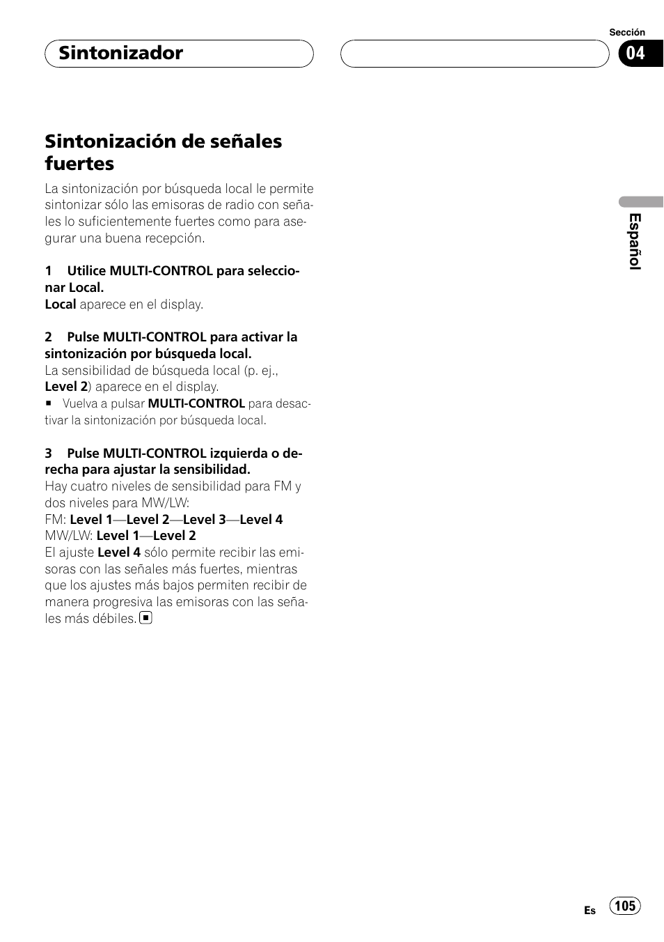 Sintonización de señales fuertes, Sintonizador | Pioneer DEH-P88RS User Manual | Page 105 / 180
