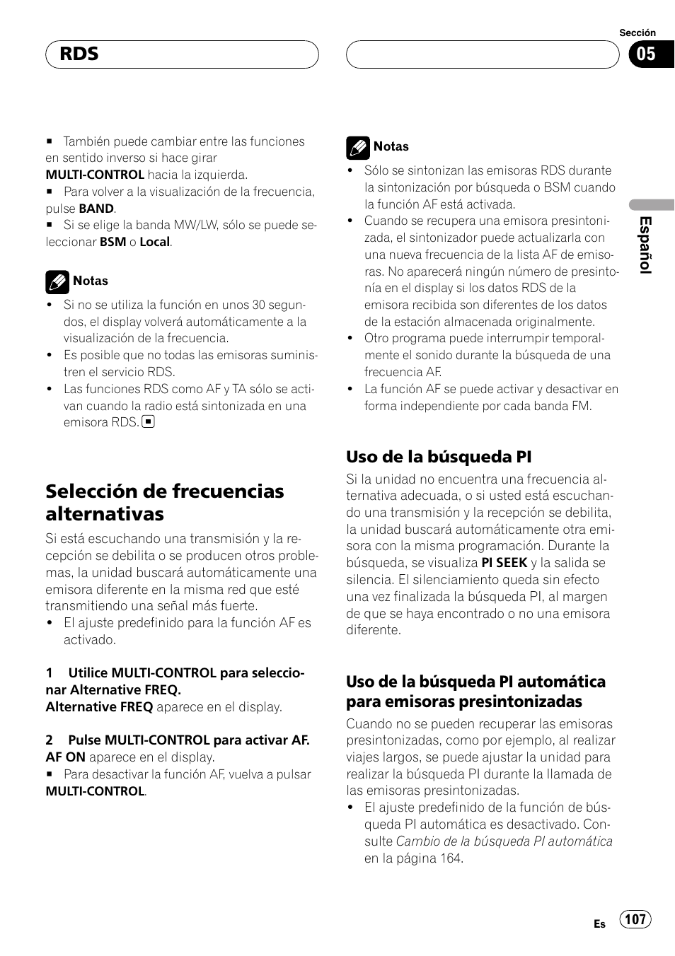 Selección de frecuencias alternativas, Uso de la búsqueda pi 107, Uso de la búsqueda pi automática para | Emisoras presintonizadas, Uso de la búsqueda pi | Pioneer DEH-P88RS User Manual | Page 107 / 180