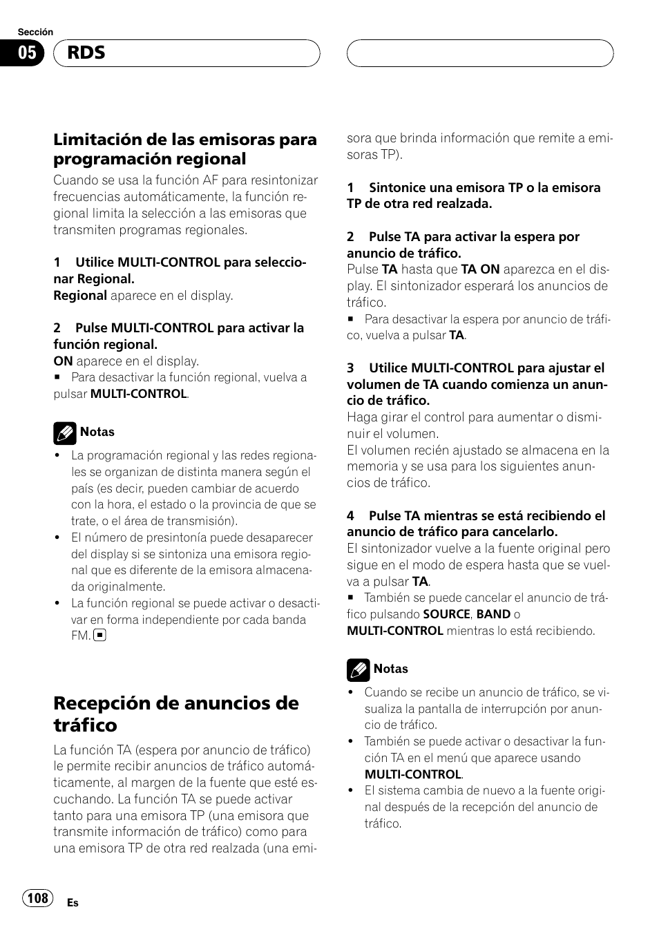Limitación de las emisoras para, Programación regional, Recepción de anuncios de tráfico | Pioneer DEH-P88RS User Manual | Page 108 / 180