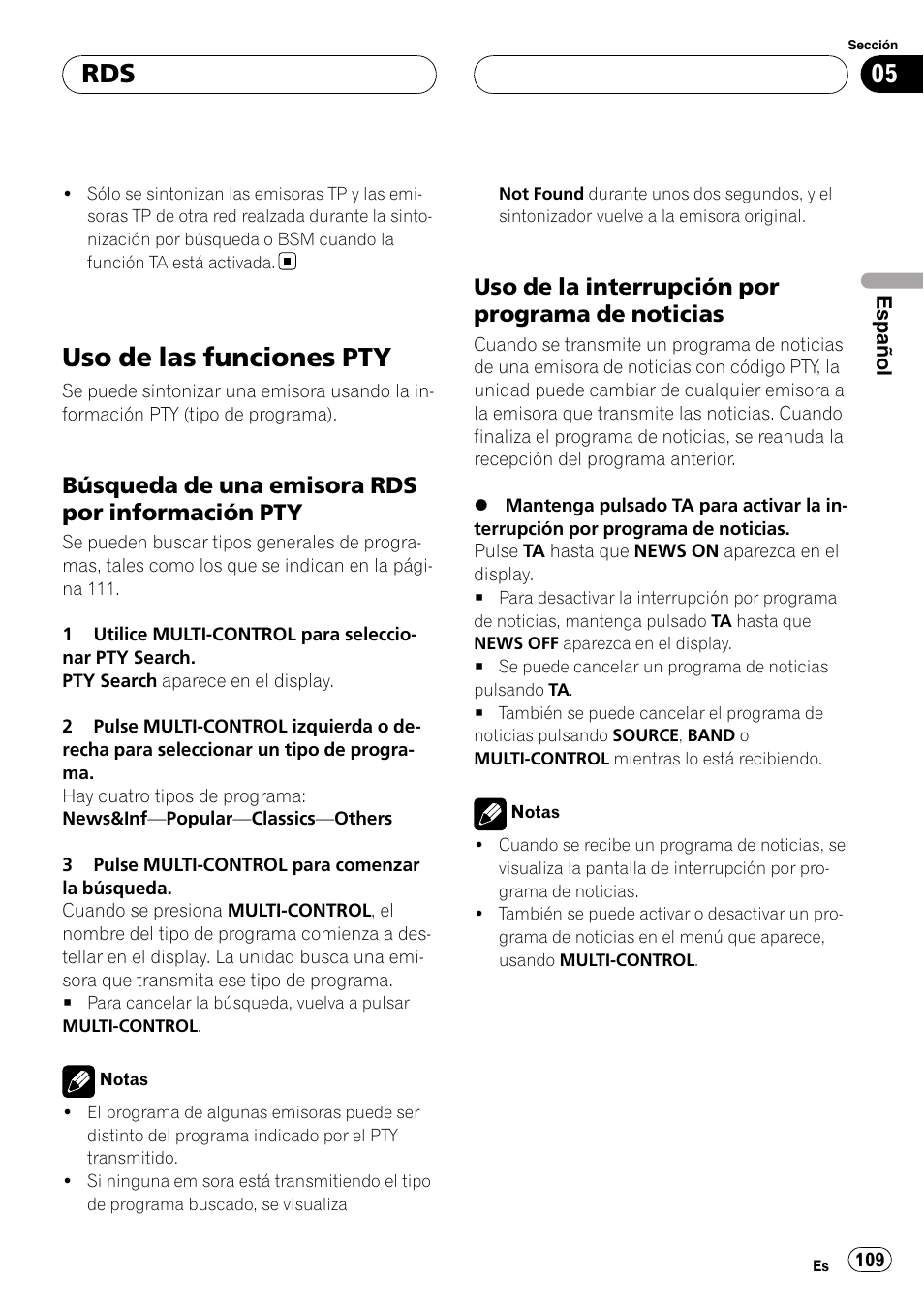 Uso de las funciones pty, Búsqueda de una emisora rds por, Información pty | Uso de la interrupción por programa de, Noticias, Búsqueda de una emisora rds por información pty, Uso de la interrupción por programa de noticias | Pioneer DEH-P88RS User Manual | Page 109 / 180