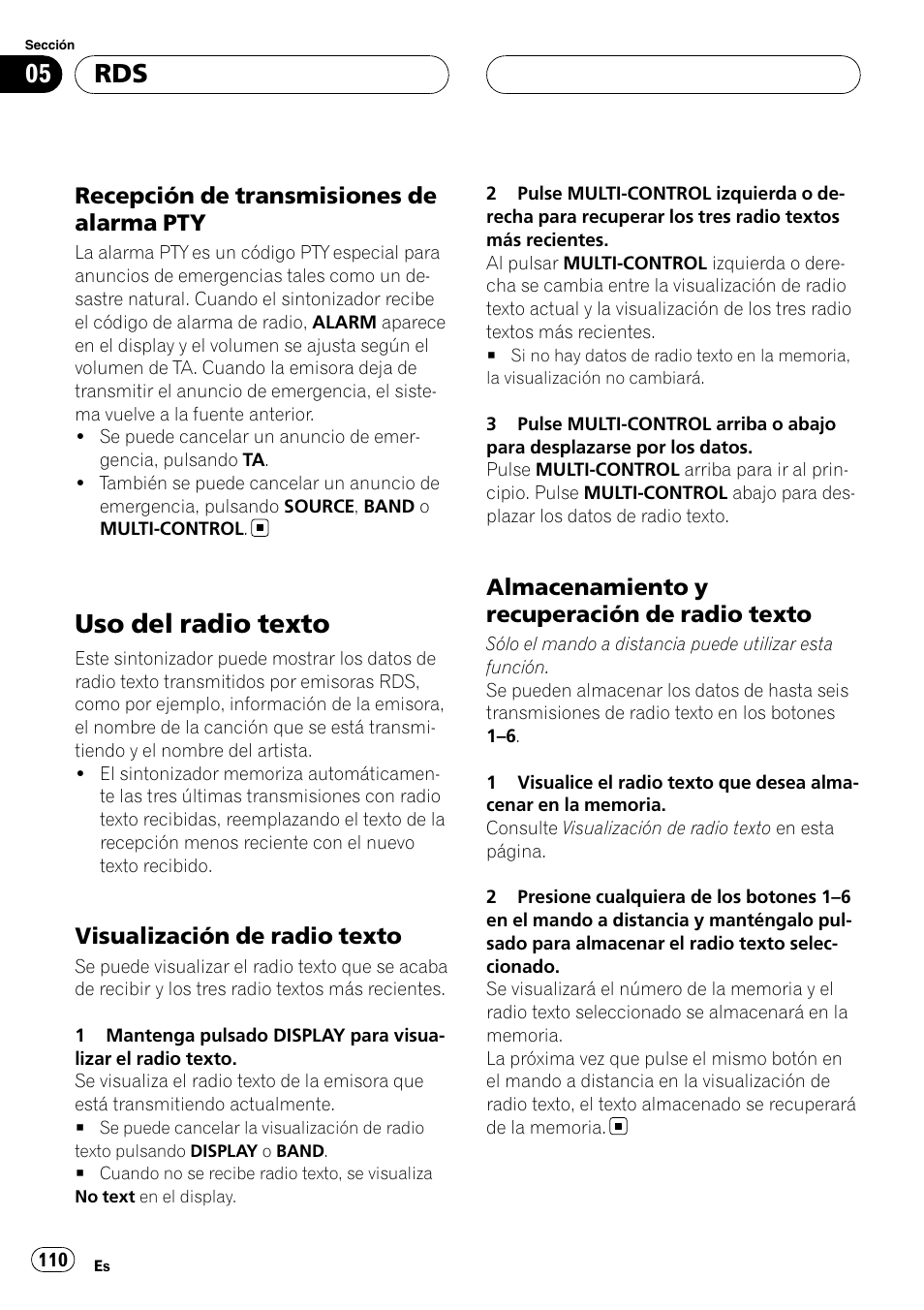 Recepción de transmisiones de alarma, Uso del radio texto, Visualización de radio texto 110 | Almacenamiento y recuperación de, Radio texto, Recepción de transmisiones de alarma pty, Visualización de radio texto, Almacenamiento y recuperación de radio texto | Pioneer DEH-P88RS User Manual | Page 110 / 180