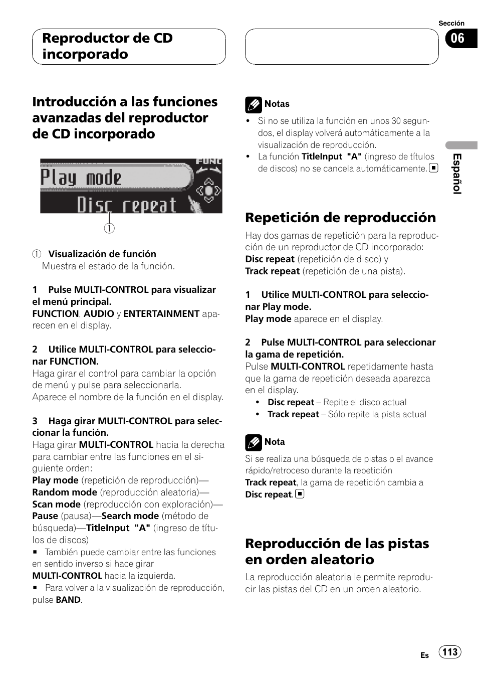 Introducción a las funciones avanzadas del, Reproductor de cd incorporado, Repetición de reproducción | Reproducción de las pistas en orden, Aleatorio, Reproducción de las pistas en orden aleatorio | Pioneer DEH-P88RS User Manual | Page 113 / 180