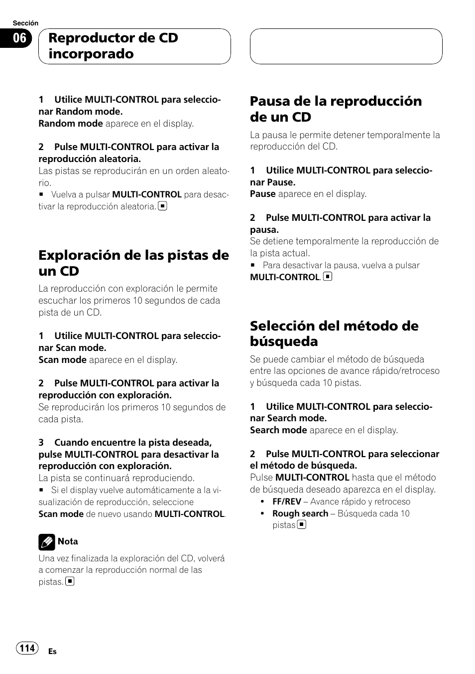 Exploración de las pistas de un cd, Pausa de la reproducción de un cd, Selección del método de búsqueda | Reproductor de cd incorporado | Pioneer DEH-P88RS User Manual | Page 114 / 180