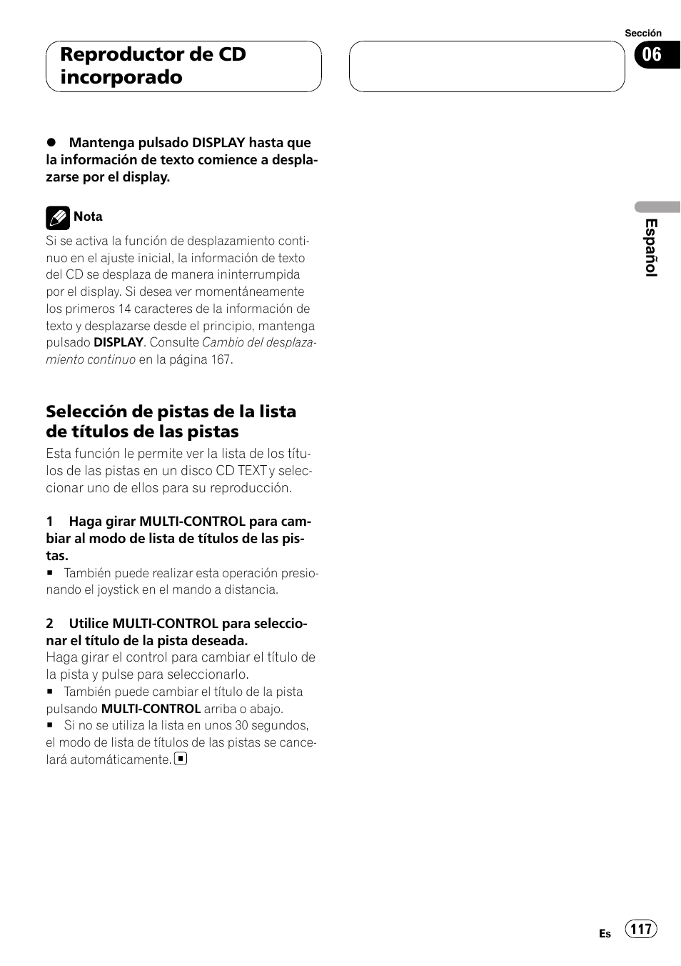 Selección de pistas de la lista de títulos, De las pistas, Reproductor de cd incorporado | Pioneer DEH-P88RS User Manual | Page 117 / 180