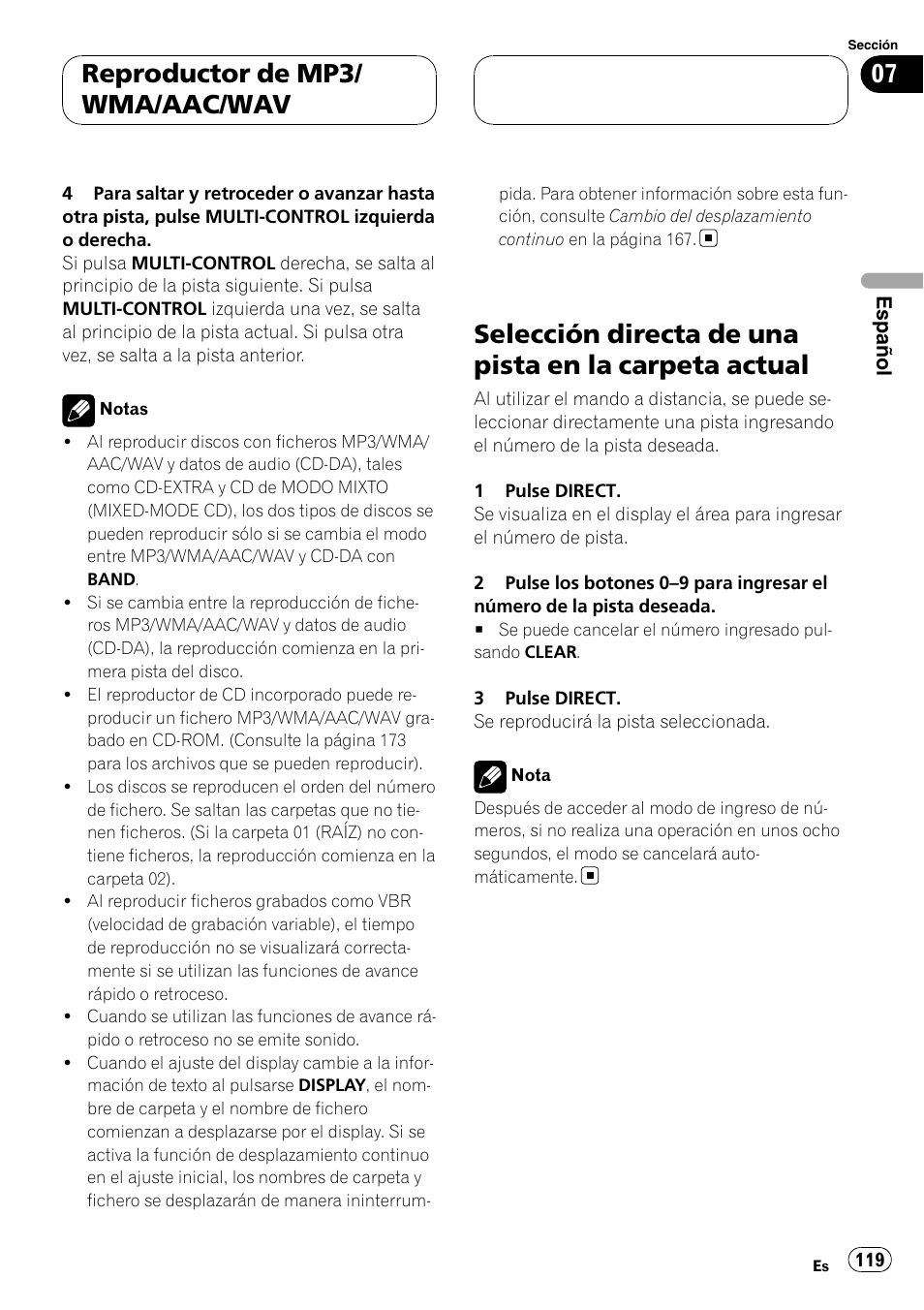 Selección directa de una pista en la carpeta, Actual, Reproductor de mp3/ wma/aac/wav | Pioneer DEH-P88RS User Manual | Page 119 / 180