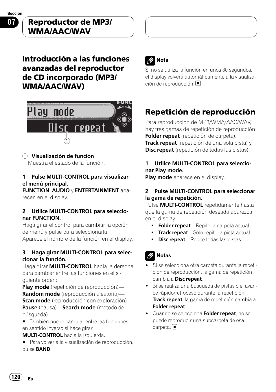 Introducción a las funciones avanzadas del, Reproductor de cd incorporado (mp3/ wma/aac/wav), Repetición de reproducción | Reproductor de mp3/ wma/aac/wav | Pioneer DEH-P88RS User Manual | Page 120 / 180