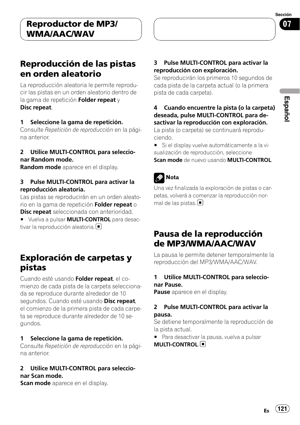 Reproducción de las pistas en orden, Aleatorio, Exploración de carpetas y pistas | Pausa de la reproducción de mp3/wma, Aac/wav, Reproducción de las pistas en orden aleatorio, Pausa de la reproducción de mp3/wma/aac/wav, Reproductor de mp3/ wma/aac/wav | Pioneer DEH-P88RS User Manual | Page 121 / 180
