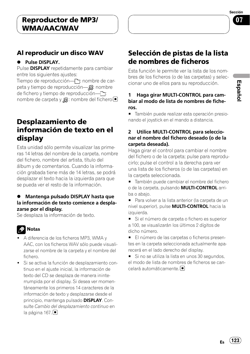 Al reproducir un disco wav 123, Desplazamiento de información de texto en, El display | Selección de pistas de la lista de nombres de, Ficheros, Reproductor de mp3/ wma/aac/wav, Al reproducir un disco wav | Pioneer DEH-P88RS User Manual | Page 123 / 180
