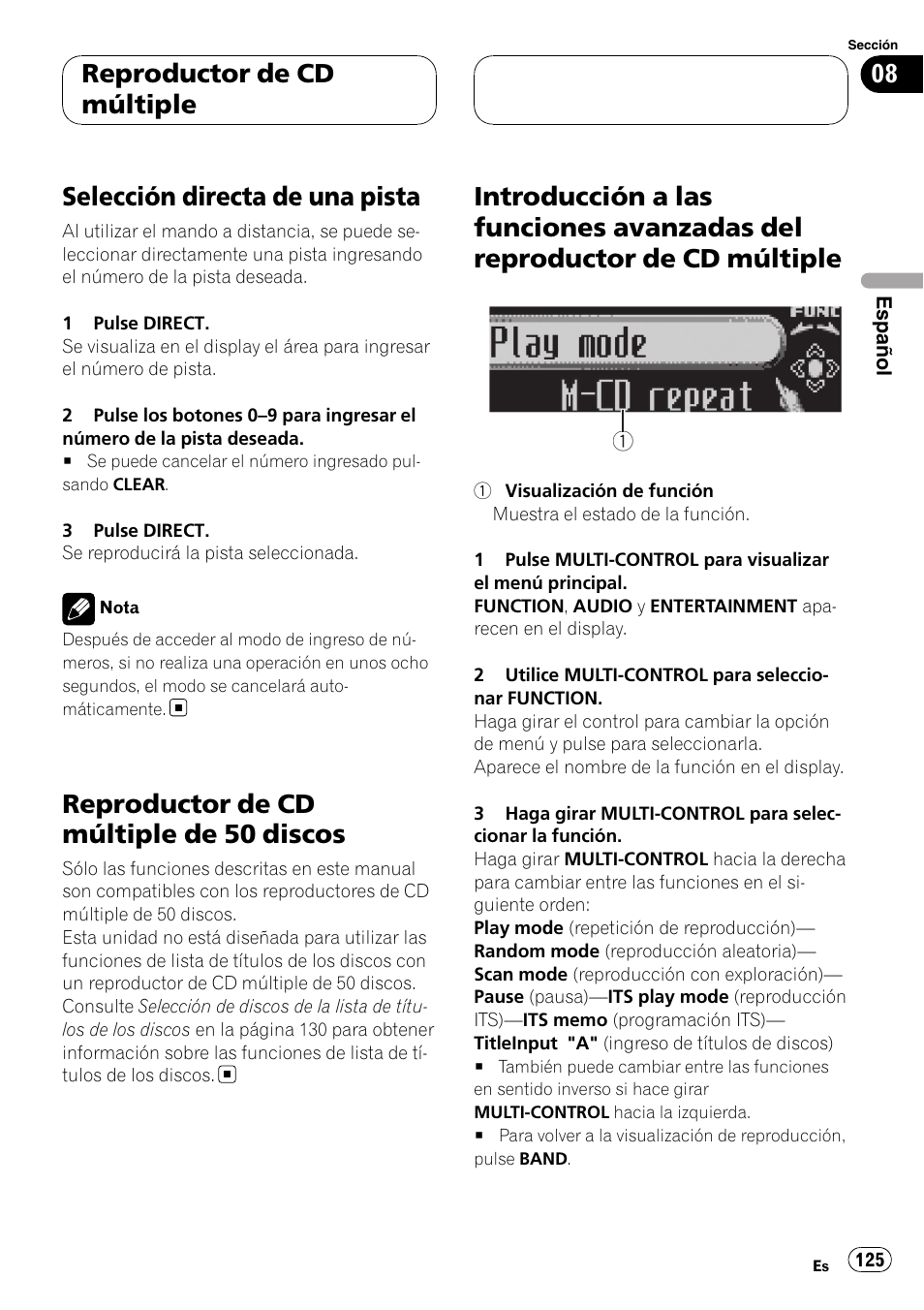 Selección directa de una pista, Reproductor de cd múltiple de 50, Discos | Introducción a las funciones avanzadas del, Reproductor de cd múltiple, Reproductor de cd múltiple de 50 discos | Pioneer DEH-P88RS User Manual | Page 125 / 180