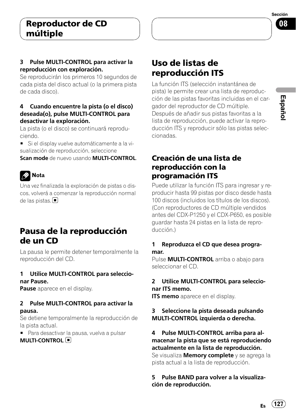 Pausa de la reproducción de un cd, Uso de listas de reproducción its, Creación de una lista de reproducción | Con la programación its, Reproductor de cd múltiple | Pioneer DEH-P88RS User Manual | Page 127 / 180