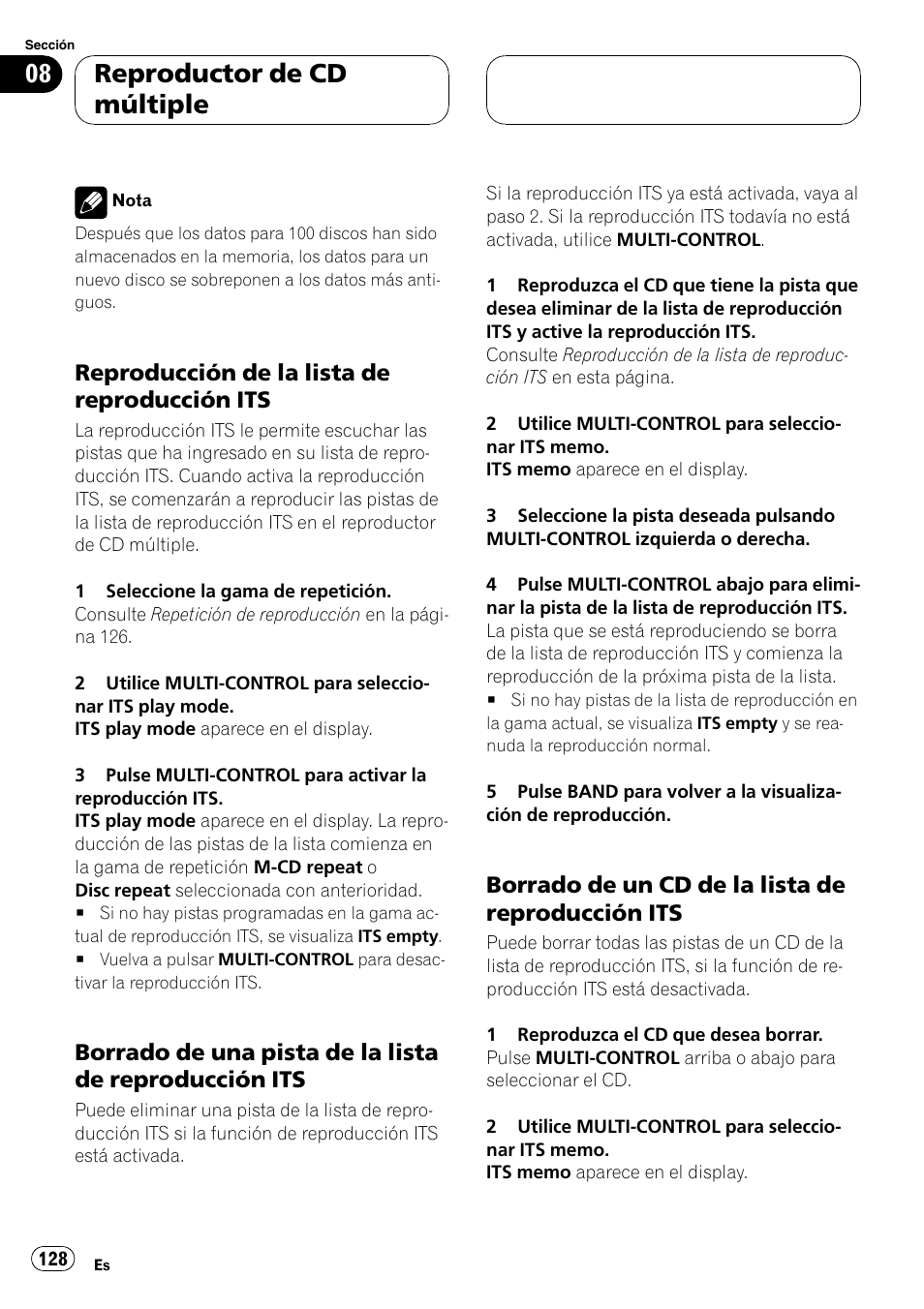Reproducción de la lista de, Reproducción its, Borrado de una pista de la lista de | Borrado de un cd de la lista de, Reproductor de cd múltiple, Reproducción de la lista de reproducción its, Borrado de un cd de la lista de reproducción its | Pioneer DEH-P88RS User Manual | Page 128 / 180