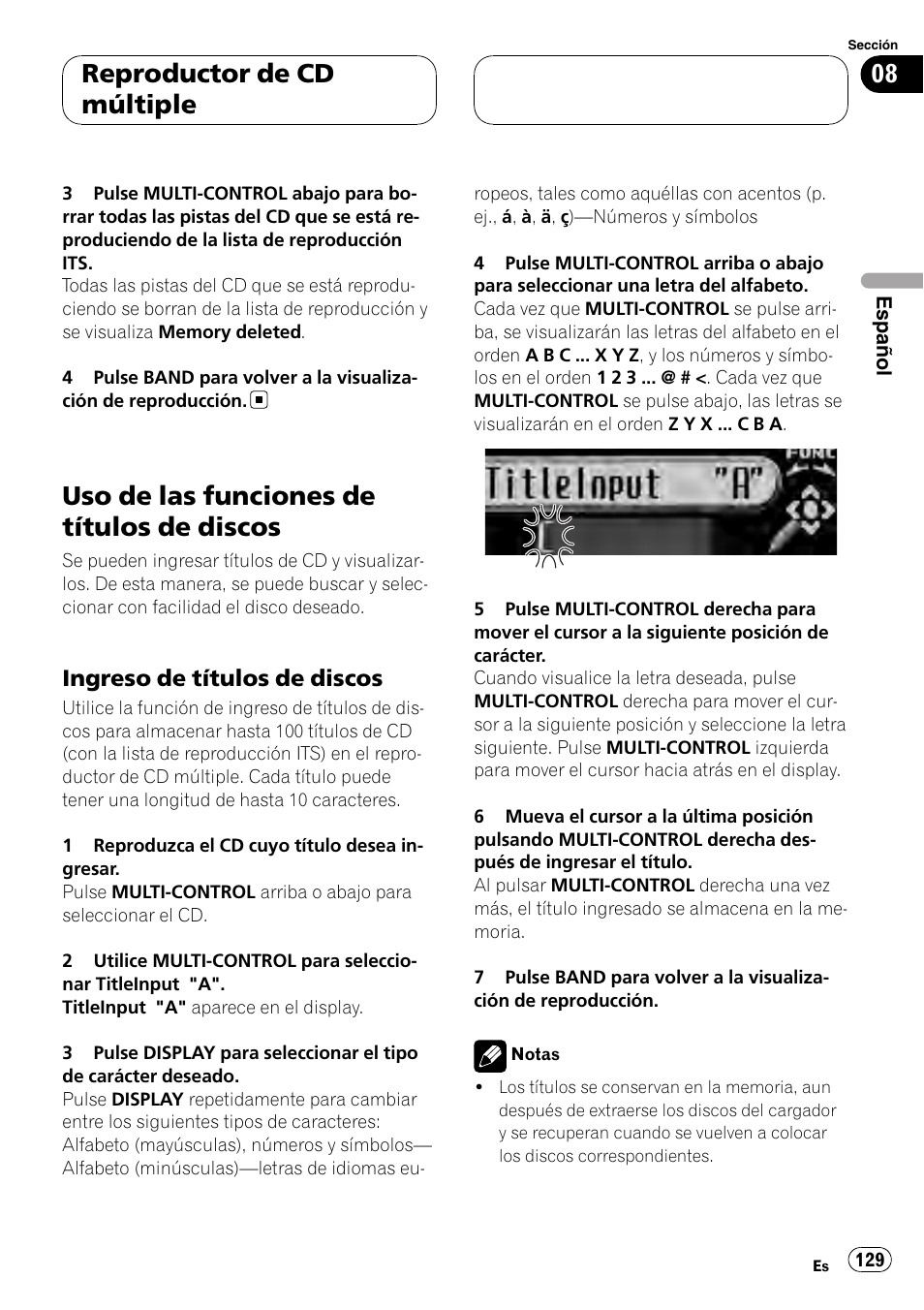 Uso de las funciones de títulos de, Discos, Ingreso de títulos de discos 129 | Uso de las funciones de títulos de discos, Reproductor de cd múltiple, Ingreso de títulos de discos | Pioneer DEH-P88RS User Manual | Page 129 / 180