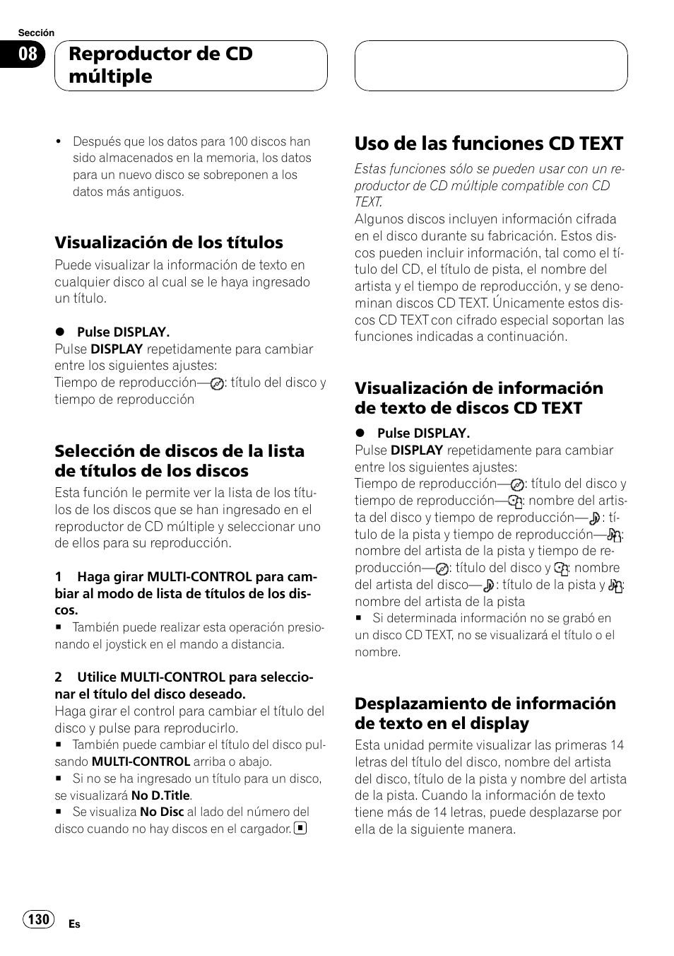 Visualización de los títulos 130, Selección de discos de la lista de, Títulos de los discos | Uso de las funciones cd text, Visualización de información de texto, De discos cd text, Desplazamiento de información de, Texto en el display, Reproductor de cd múltiple, Visualización de los títulos | Pioneer DEH-P88RS User Manual | Page 130 / 180