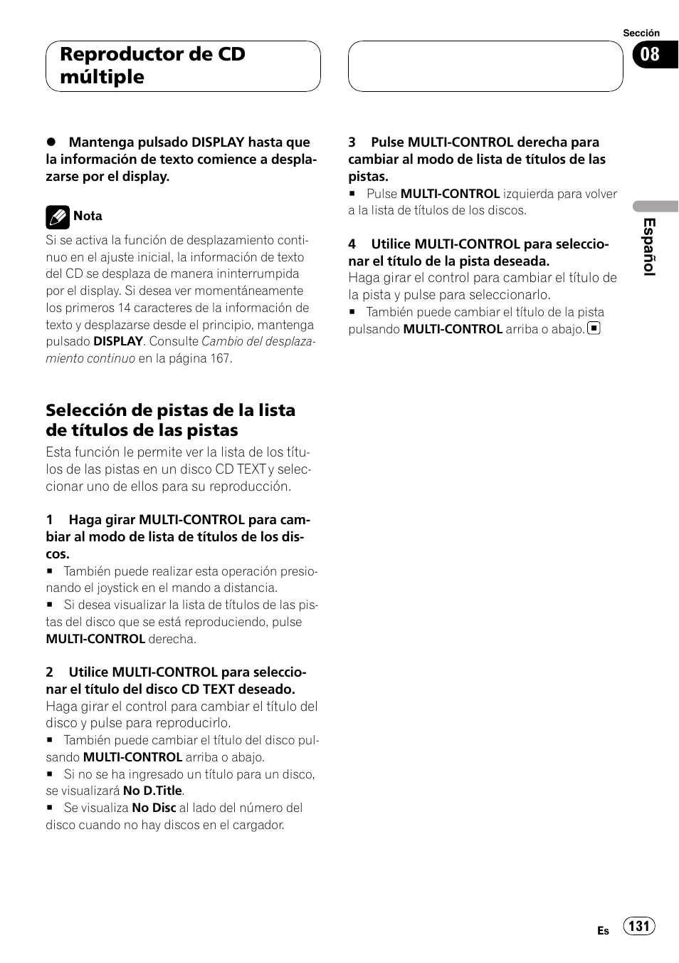 Selección de pistas de la lista de títulos, De las pistas, Reproductor de cd múltiple | Pioneer DEH-P88RS User Manual | Page 131 / 180